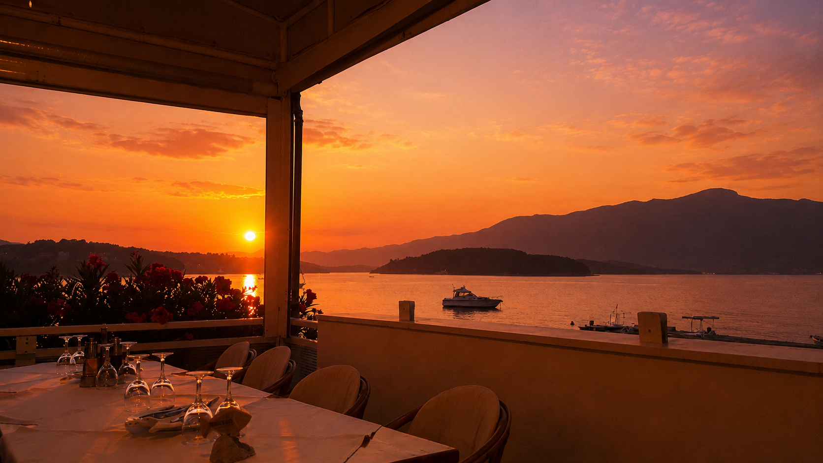 Sunset from the Konoba Feral terrace on the Vela Luka harbour