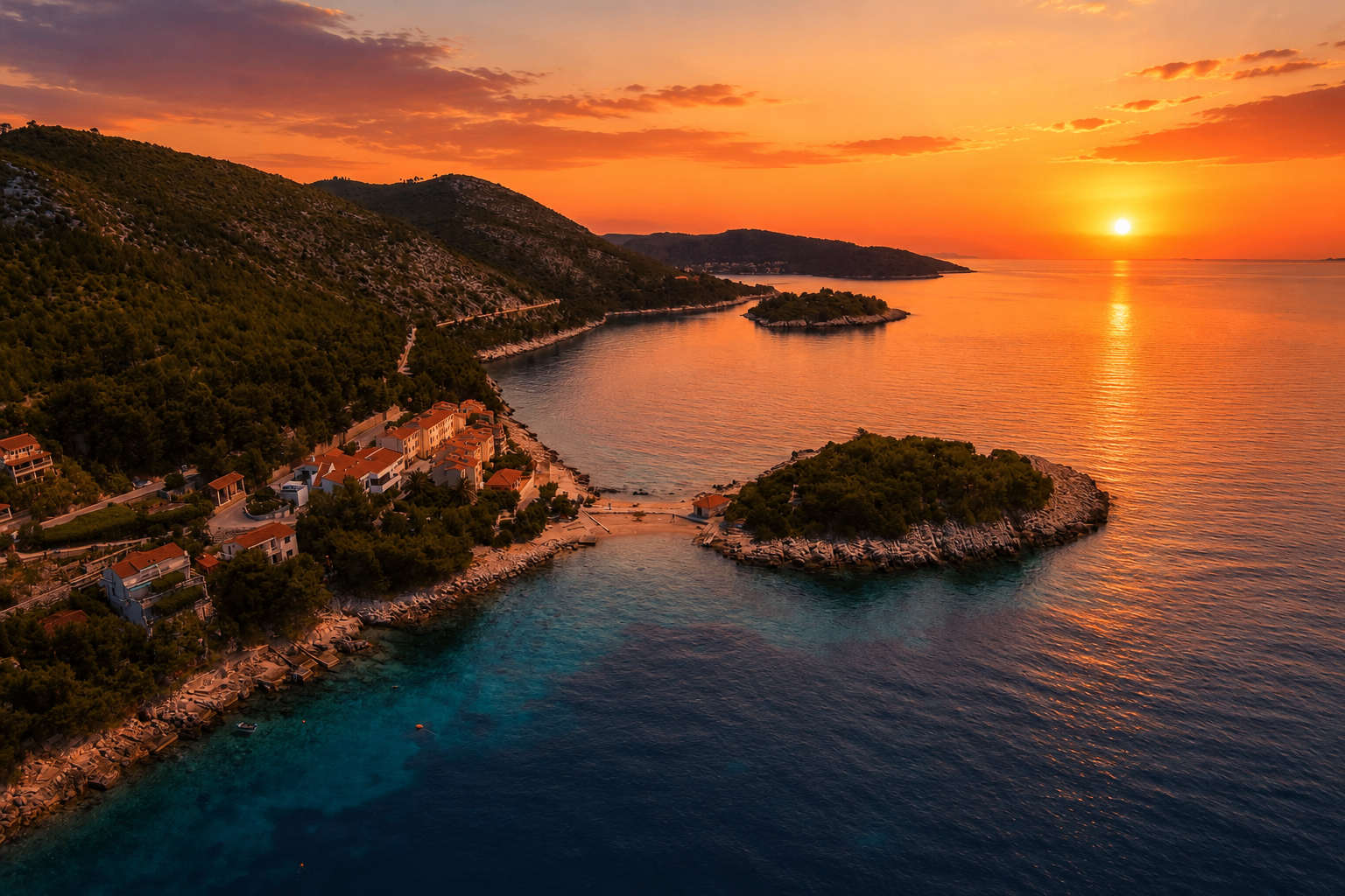 Sunset over the south coast of Korčula near Prižba