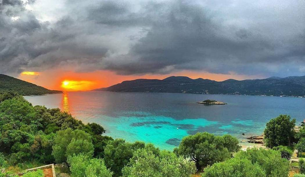 Sunset over the turquoise bay of Vaja and Tri Žala on the north coast of Korčula